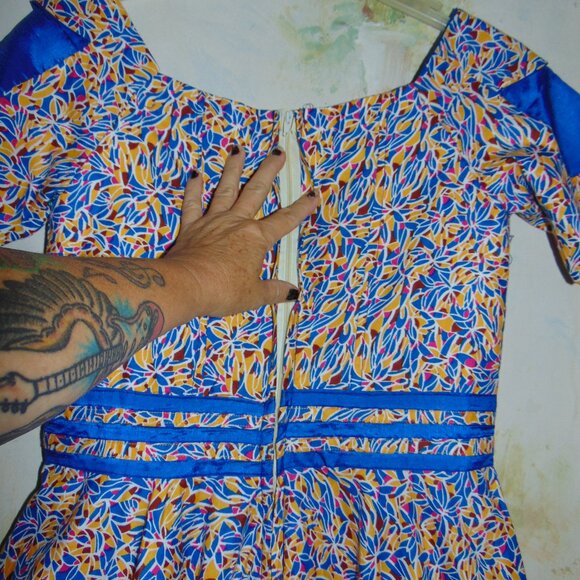 African Ladies Ethnic Dress Custom Fit & Flare 50s style Vibrant Dashiki Blue S - Picture 7 of 10